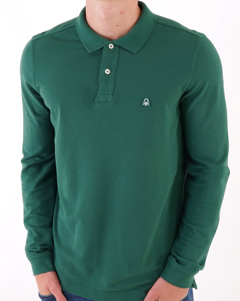 Benetton Langarm-Poloshirt Dunkelgrün