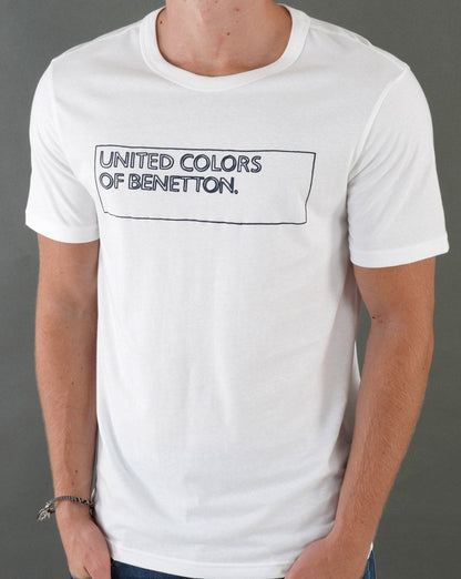 Benetton T-Shirt mit Box-Umriss-Logo Weiß/Marineblau
