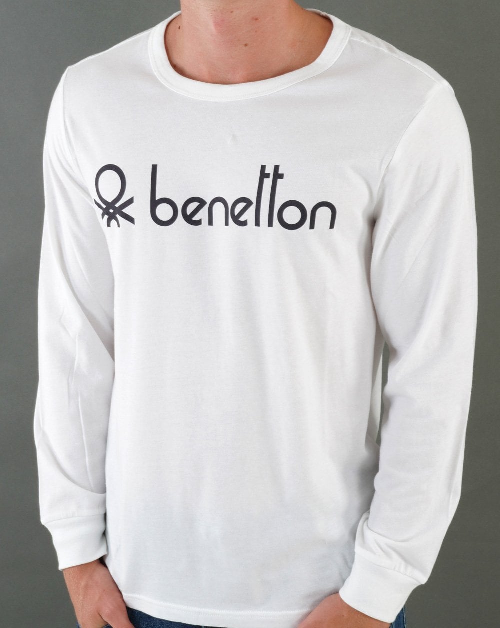 Benetton – Langarm-T-Shirt mit großem Logo, Weiß/Schwarz