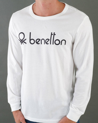 Benetton – Langarm-T-Shirt mit großem Logo, Weiß/Schwarz