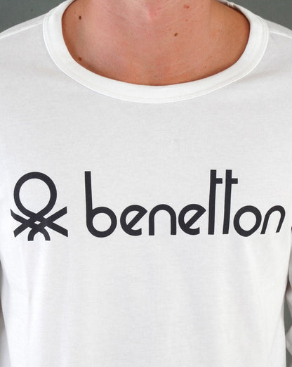 Benetton – Langarm-T-Shirt mit großem Logo, Weiß/Schwarz
