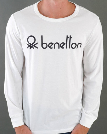 Benetton – Langarm-T-Shirt mit großem Logo, Weiß/Schwarz