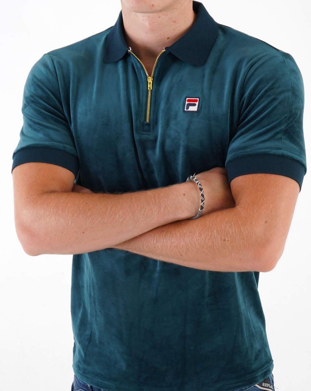 Fila Vintage – Devon – Velours-Poloshirt in Dunkelblaugrün