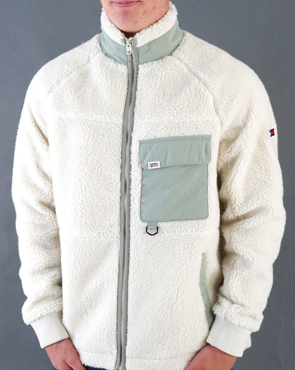 Tommy Jeans – Sherpa-Fleecejacke in Altweiß