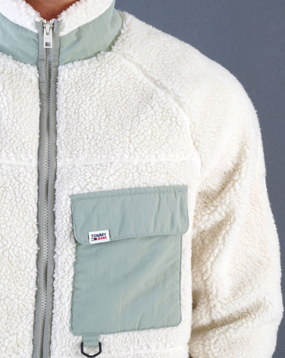 Tommy Jeans – Sherpa-Fleecejacke in Altweiß