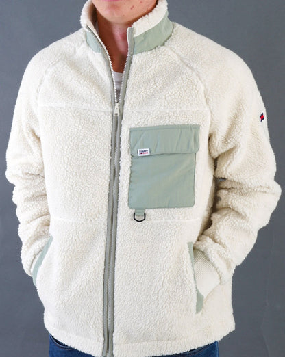 Tommy Jeans – Sherpa-Fleecejacke in Altweiß