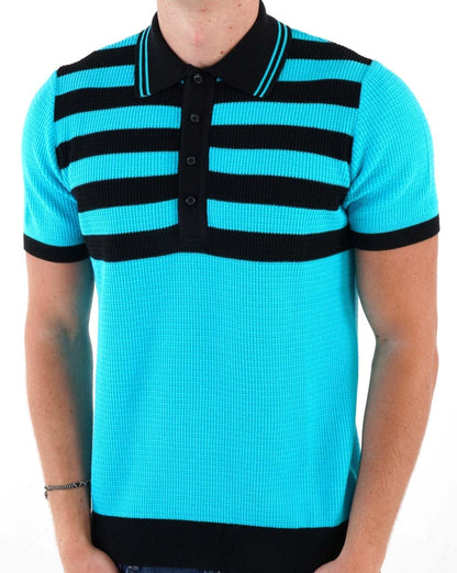 Ska &amp; Soul „Hall“ Poloshirt mit Streifen und Waffelstrick in Türkis