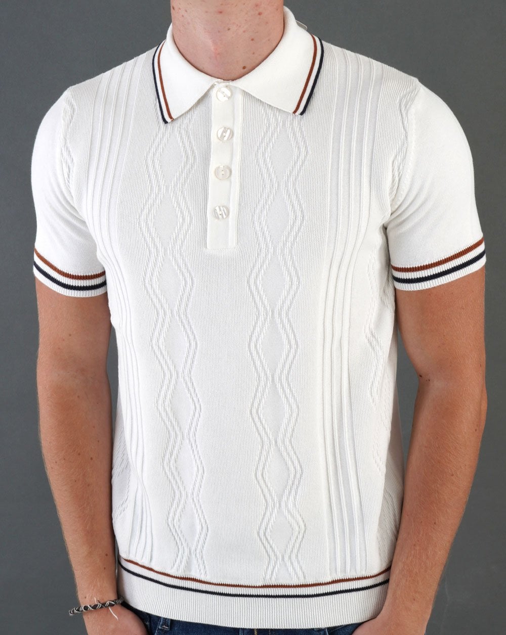 Ska &amp; Soul Pointelle Fine Gauge Polo Ecru