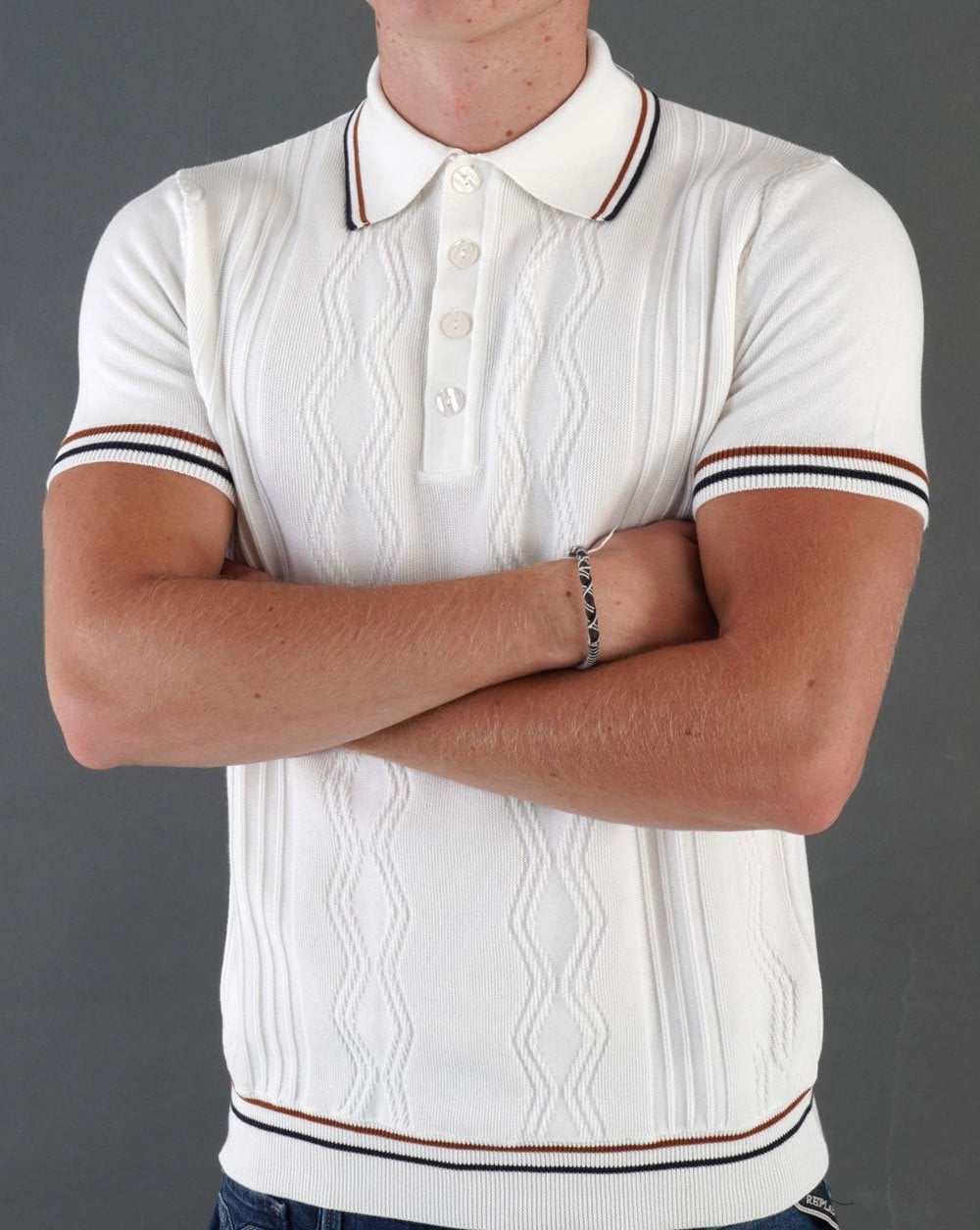 Ska &amp; Soul Pointelle Fine Gauge Polo Ecru