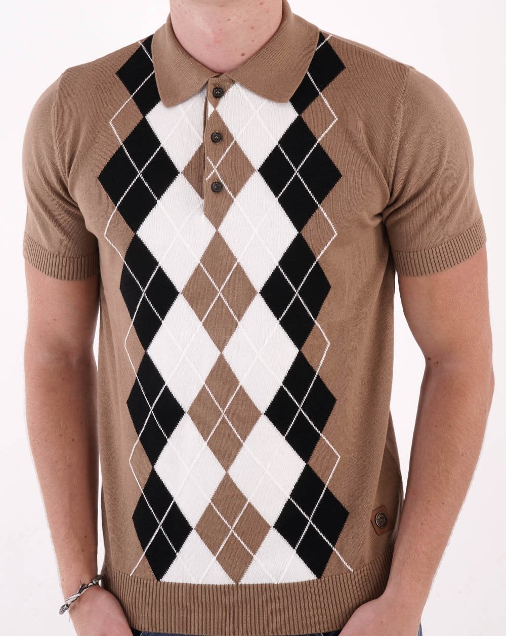 Trojan Argyle Fine Knit Polo Camel