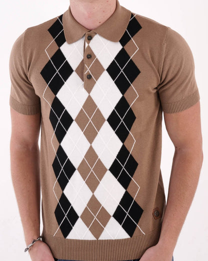 Trojan Argyle Feinstrick-Poloshirt Kamel