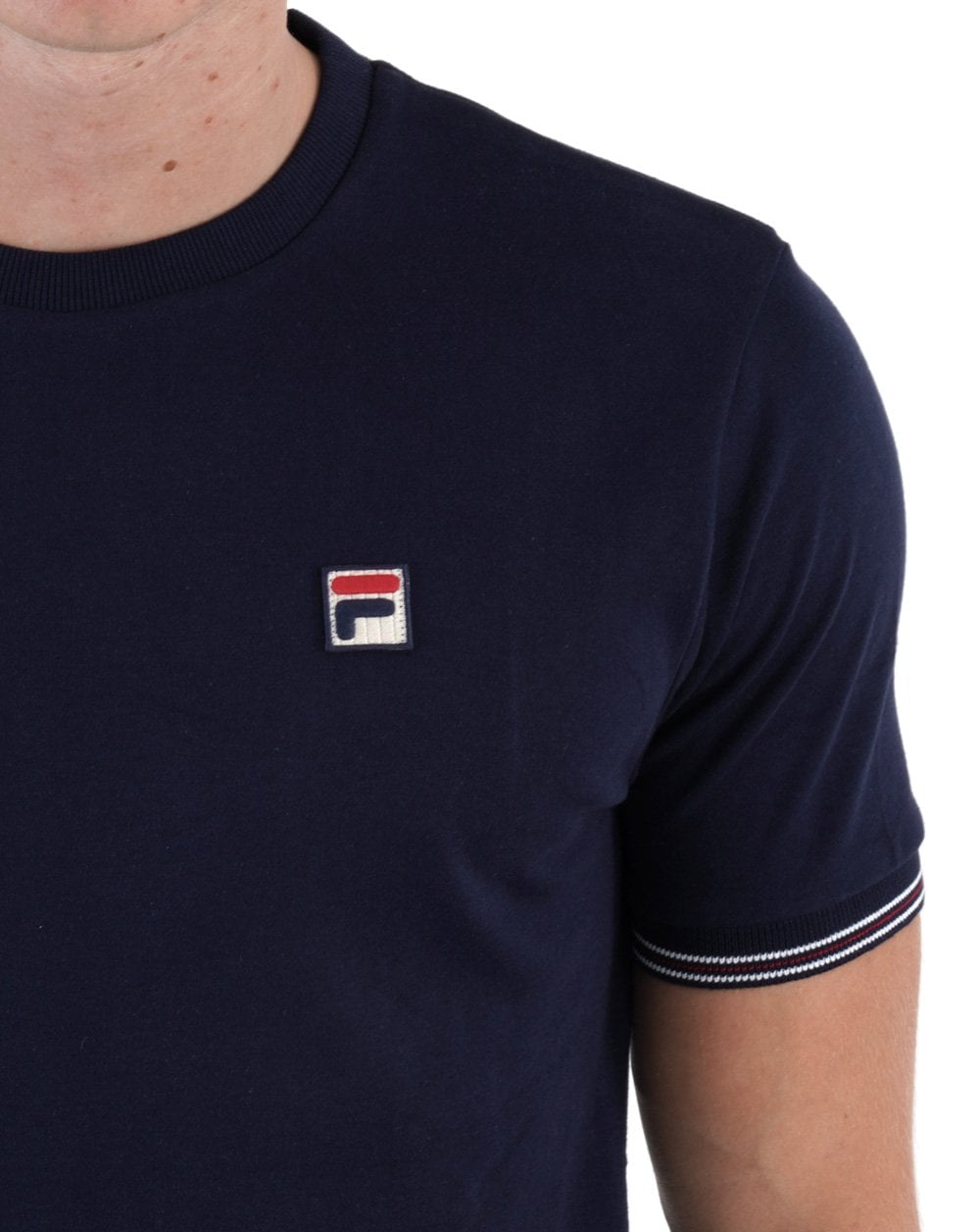 Fila – Vintage-T-Shirt mit Manschetten und Zierstreifen in Marineblau
