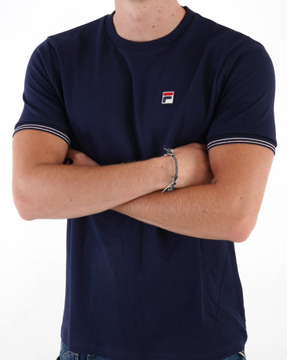 Fila – Vintage-T-Shirt mit Manschetten und Zierstreifen in Marineblau