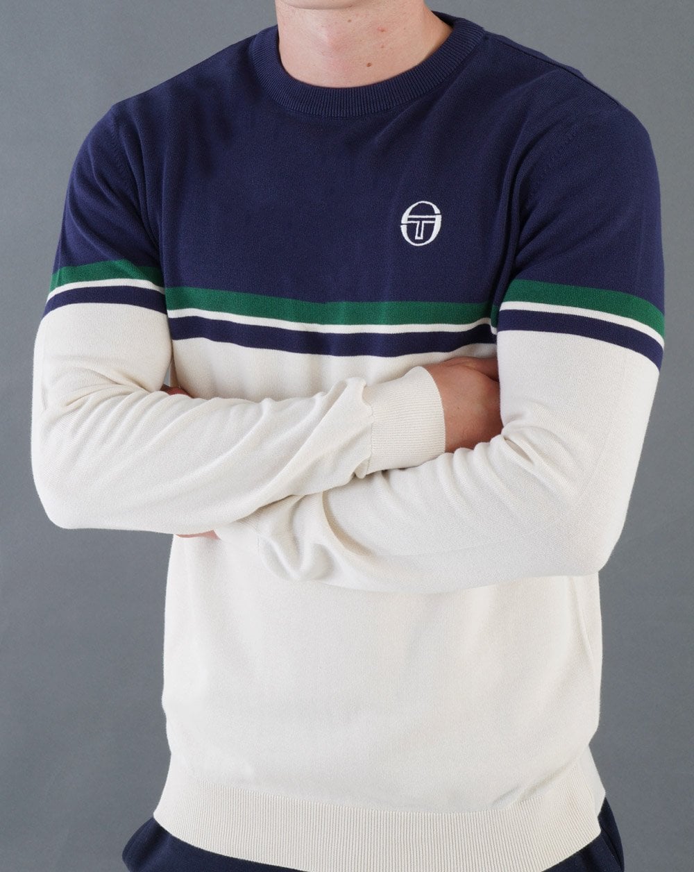 Sergio Tacchini Rundhalsstrick Ecru – Marineblau