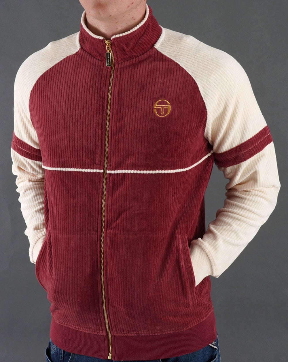 Sergio Tacchini Orion Trainingsjacke aus Rippsamt Burgunderrot / Cremeweiß