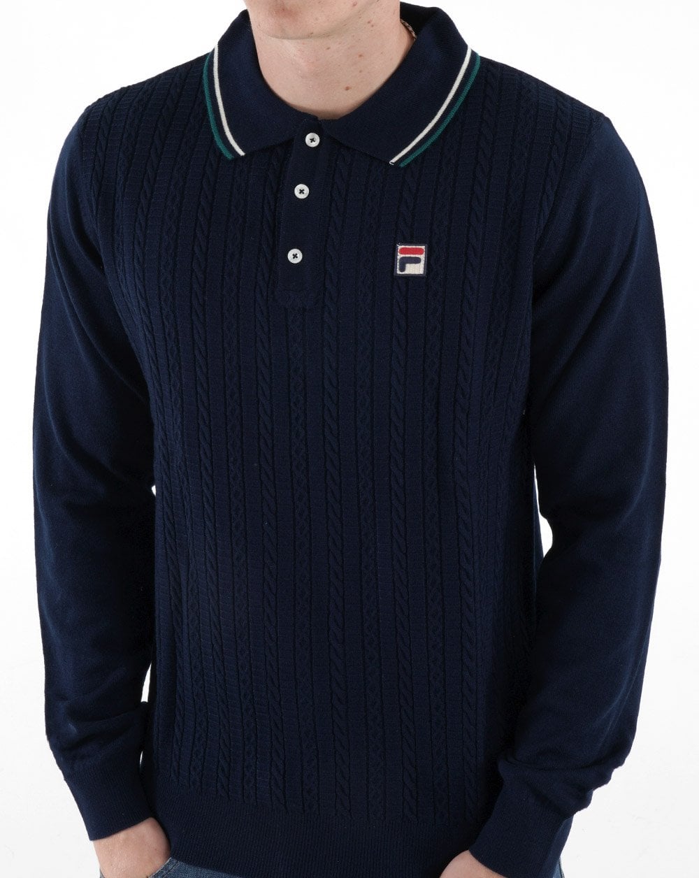 Fila Vintage Poloshirt mit Zopfmuster, Marineblau