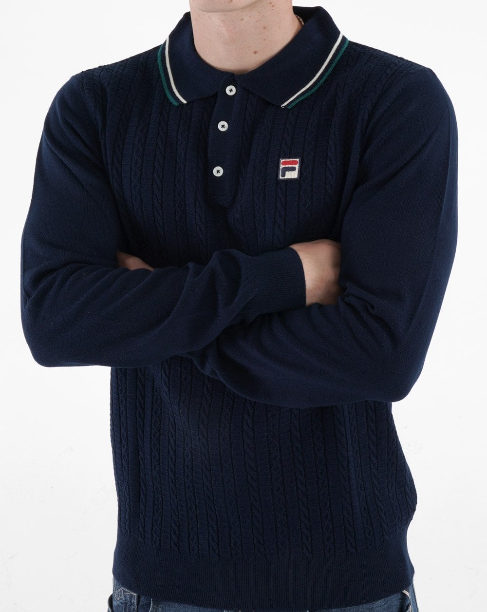 Fila Vintage Poloshirt mit Zopfmuster, Marineblau