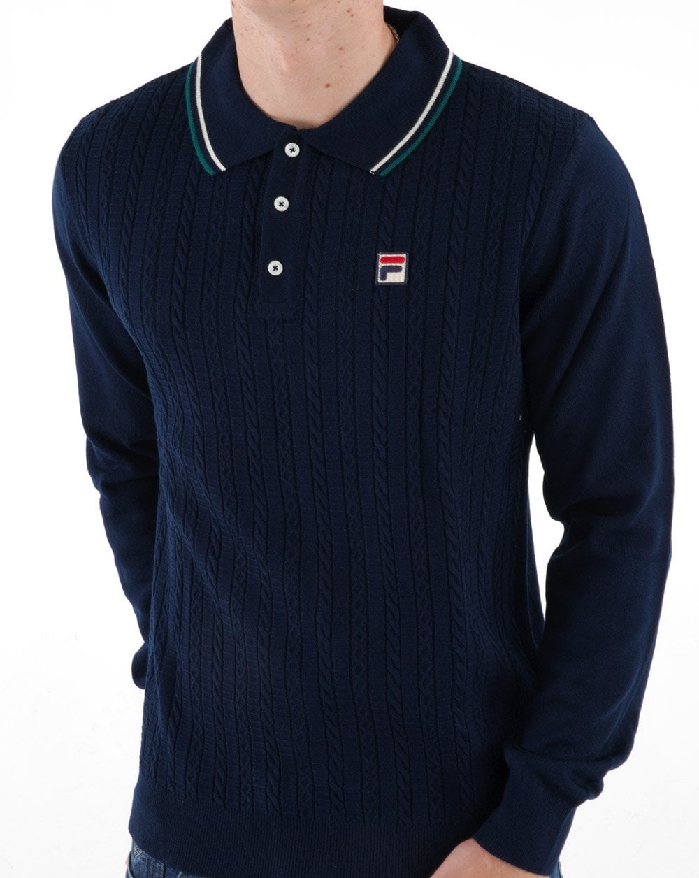 Fila Vintage Poloshirt mit Zopfmuster, Marineblau