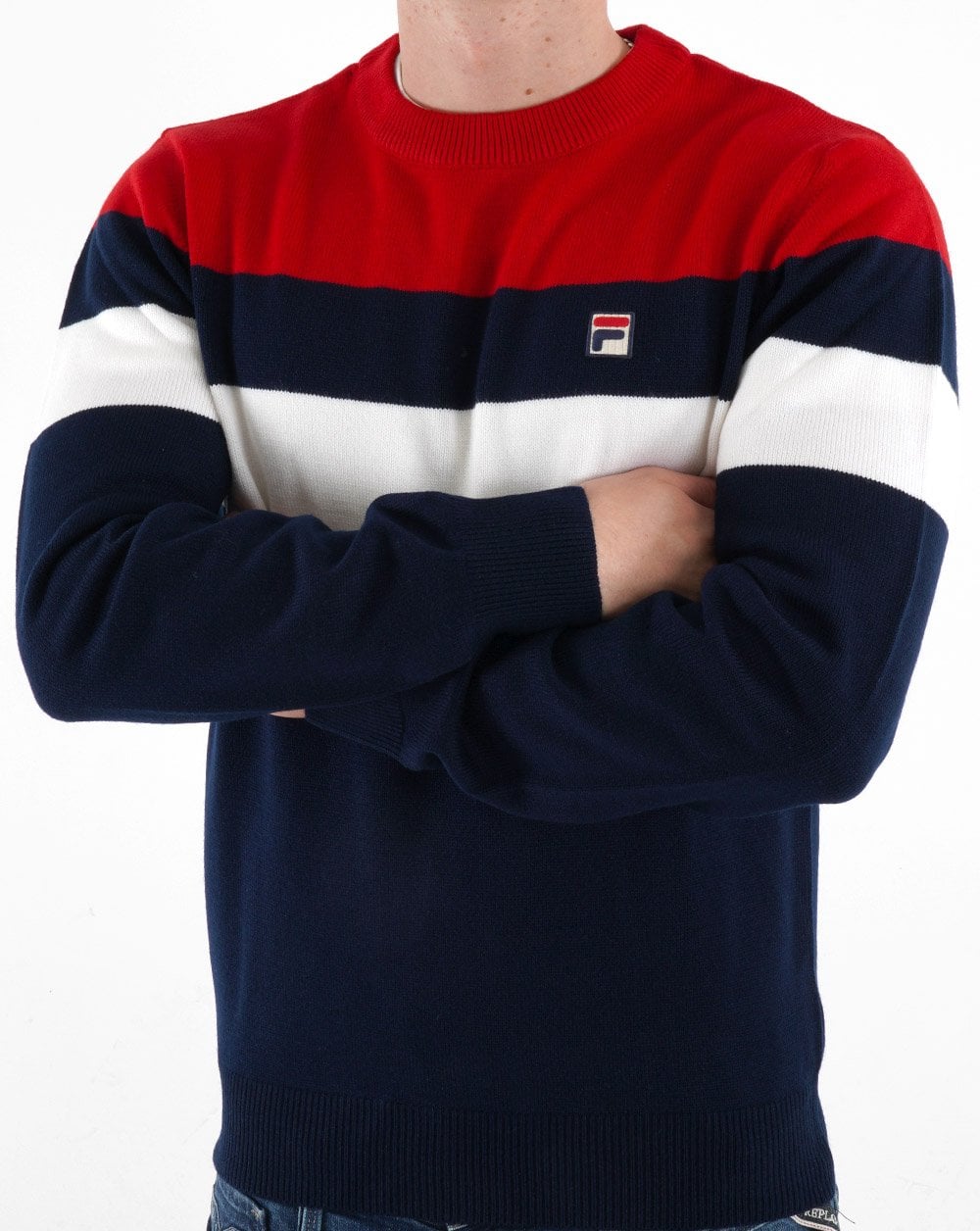Fila Vintage Striped Crew Knit Marineblau Rot Weiß