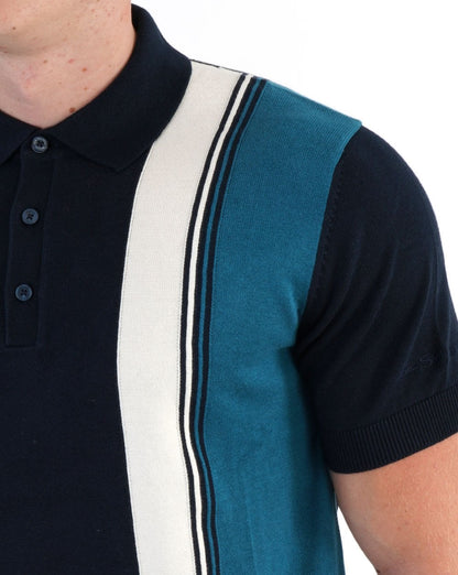 Ben Sherman – Strick-Poloshirt mit vertikalen Streifen in Dunkelmarineblau
