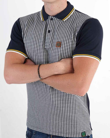 Trojan Jacquard-Poloshirt mit Hahnentrittmuster und Einsätzen in Marineblau