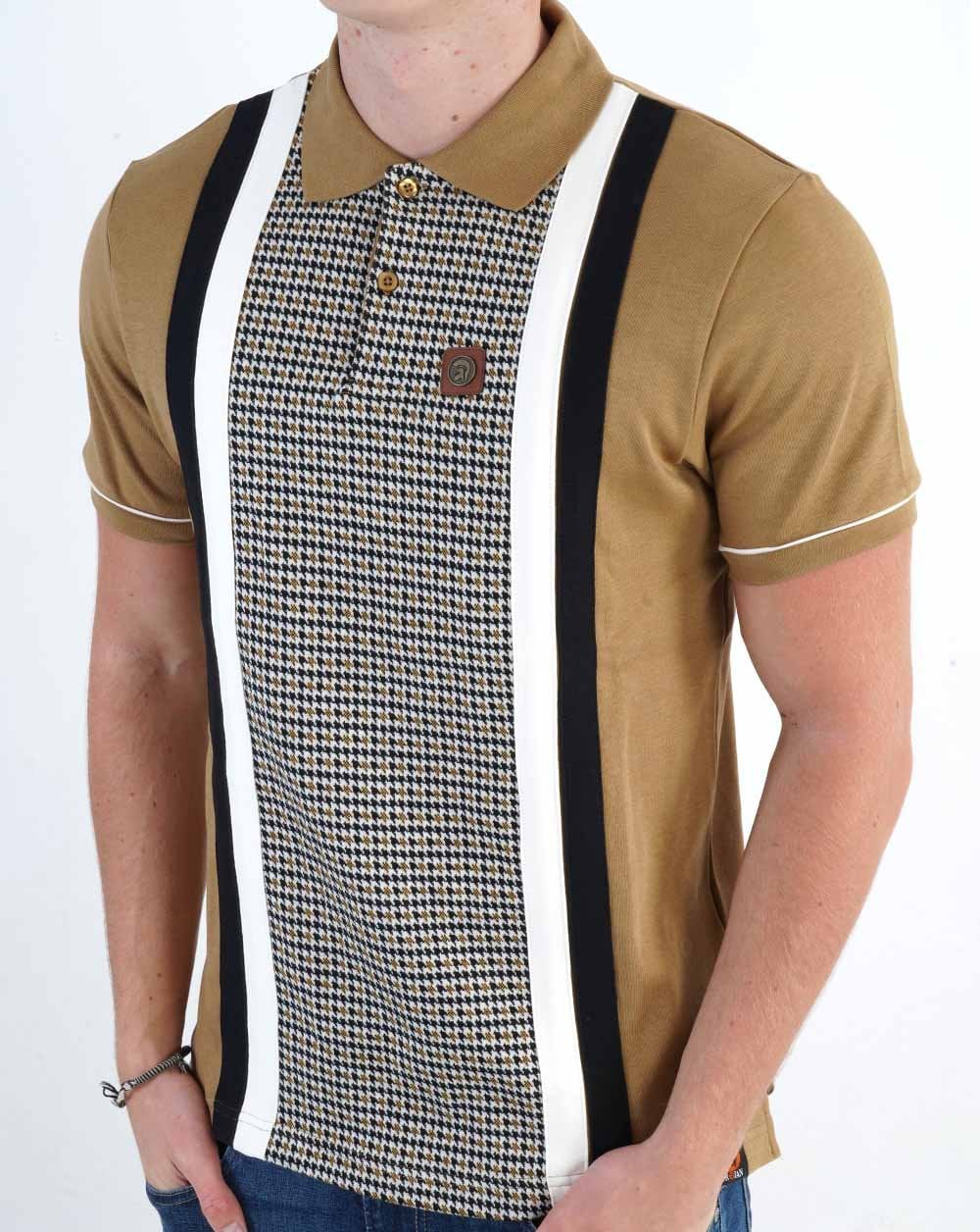 Trojan Jacquard-Poloshirt mit Hahnentrittmuster und Einsätzen in Kamelbraun