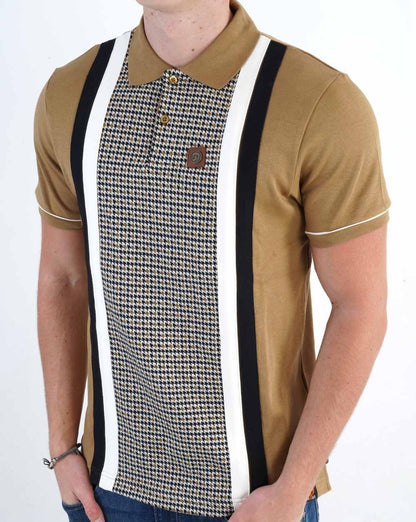 Trojan Jacquard-Poloshirt mit Hahnentrittmuster und Einsätzen in Kamelbraun