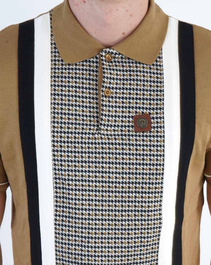 Trojan Jacquard-Poloshirt mit Hahnentrittmuster und Einsätzen in Kamelbraun
