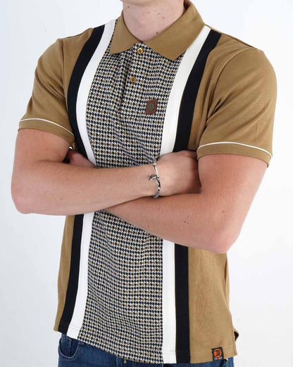 Trojan Jacquard-Poloshirt mit Hahnentrittmuster und Einsätzen in Kamelbraun