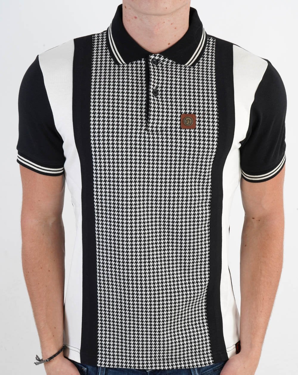 Trojan – Poloshirt mit Hahnentrittmuster und Monochrom-Einsatz in Schwarz