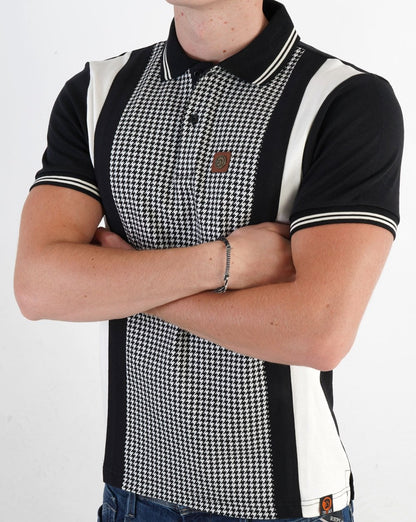 Trojan – Poloshirt mit Hahnentrittmuster und Monochrom-Einsatz in Schwarz