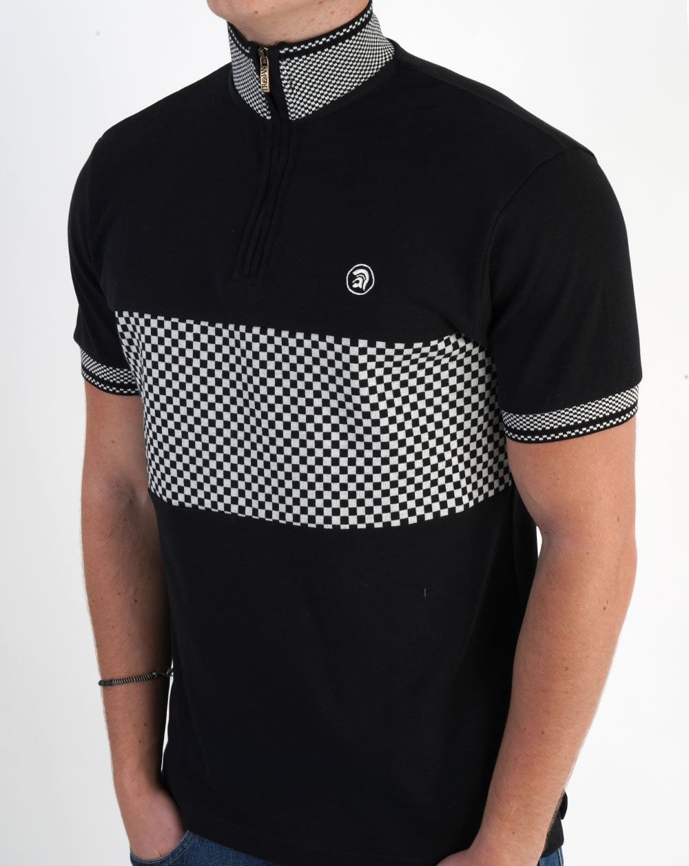 Trojan Poloshirt mit Reißverschluss und Schachbrettmuster in Schwarz
