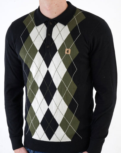 Gabicci Vintage Diamond Knit Polo Schwarz Oliv