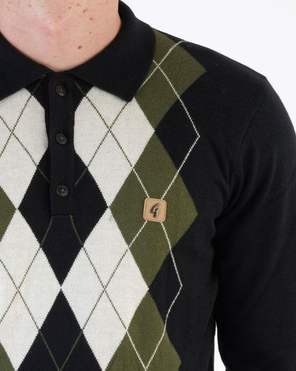 Gabicci Vintage Diamond Knit Polo Schwarz Oliv