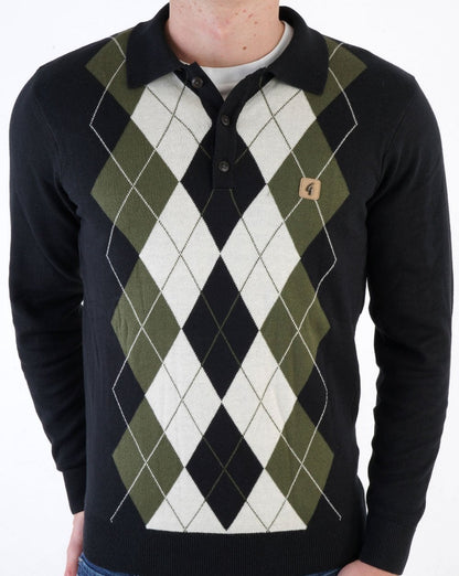 Gabicci Vintage Diamond Knit Polo Schwarz Oliv