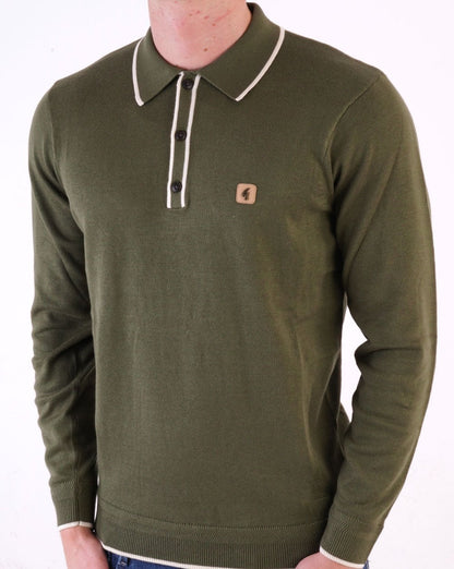 Gabicci Vintage Lineker Langarm-Strickpolo Oliv