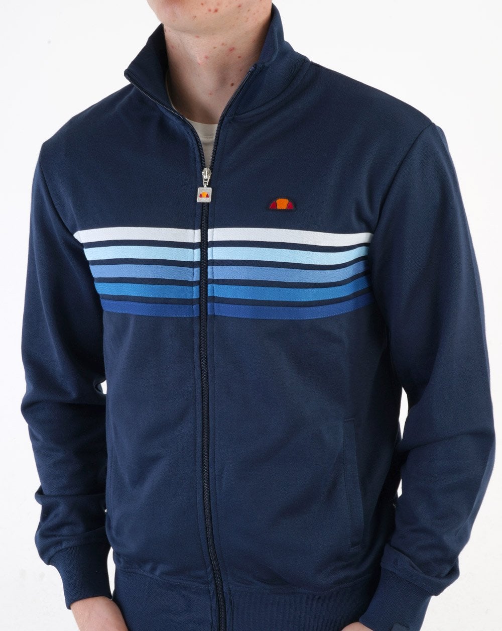 Ellesse – Trainingsoberteil mit verblassten, mehrfarbigen Streifen in Marineblau