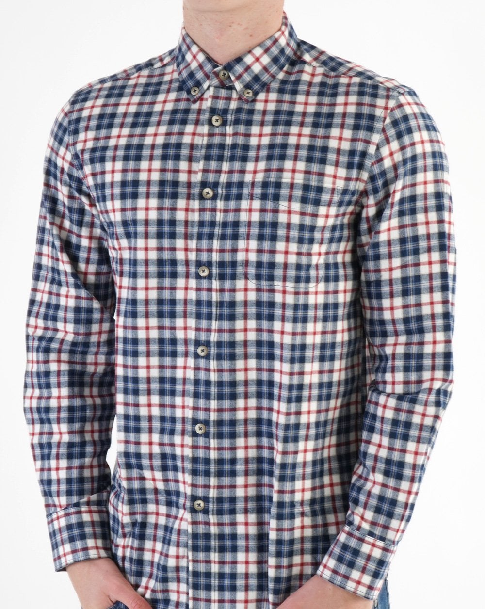 Benetton Kariertes Flanellhemd Weiß/Marineblau