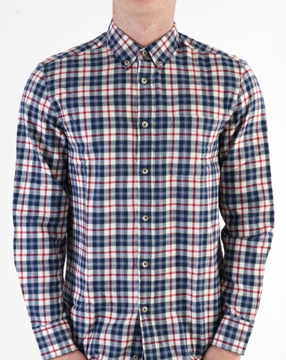 Benetton Kariertes Flanellhemd Weiß/Marineblau