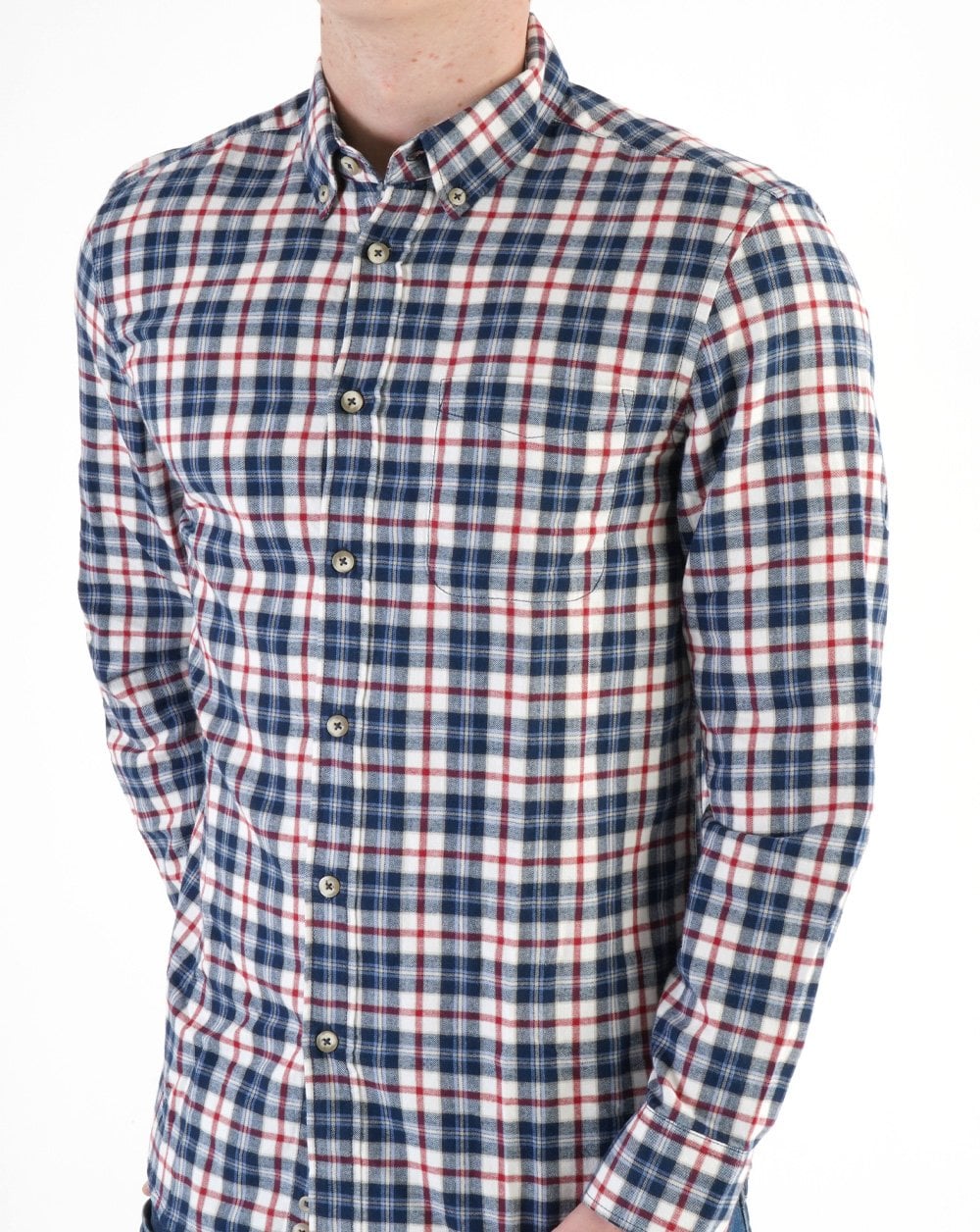 Benetton Kariertes Flanellhemd Weiß/Marineblau