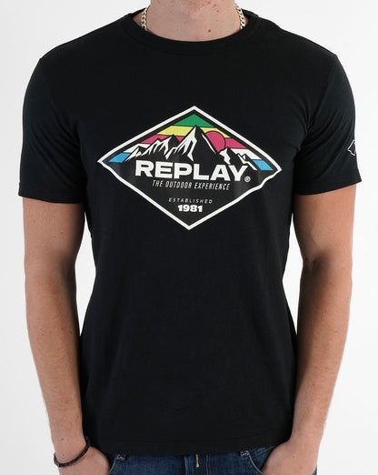 Replay T-Shirt mit Berg-Print in Schwarz