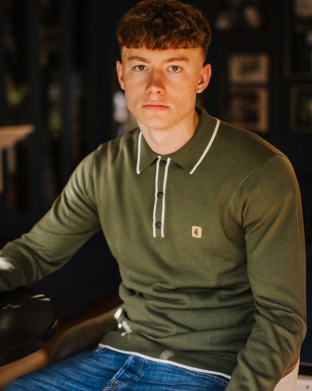 Gabicci Vintage Lineker Long Sleeve Knitted Polo Olive