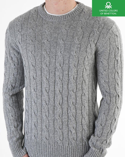 Benetton – Pullover mit Zopfmuster in Grau