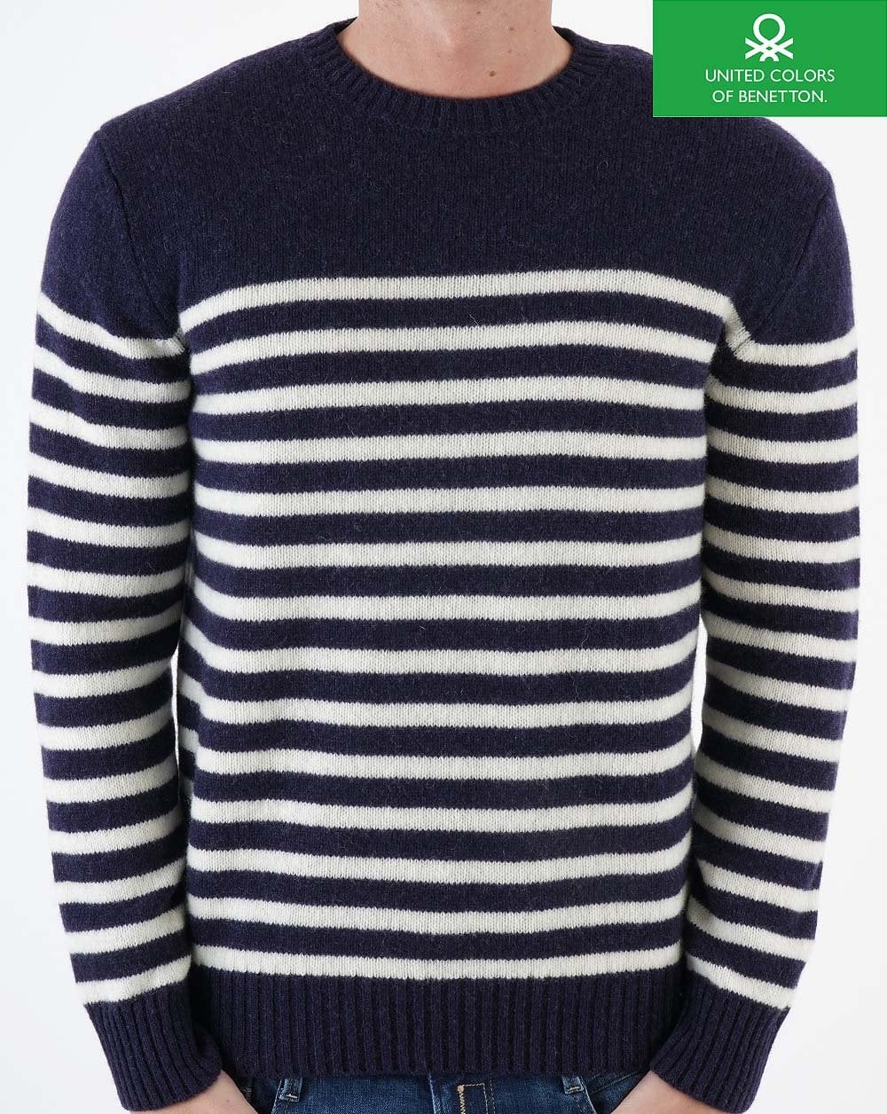 Benetton Gestreifter Wollpullover Marineblau/Ecru