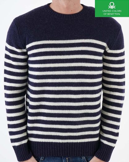 Benetton Gestreifter Wollpullover Marineblau/Ecru