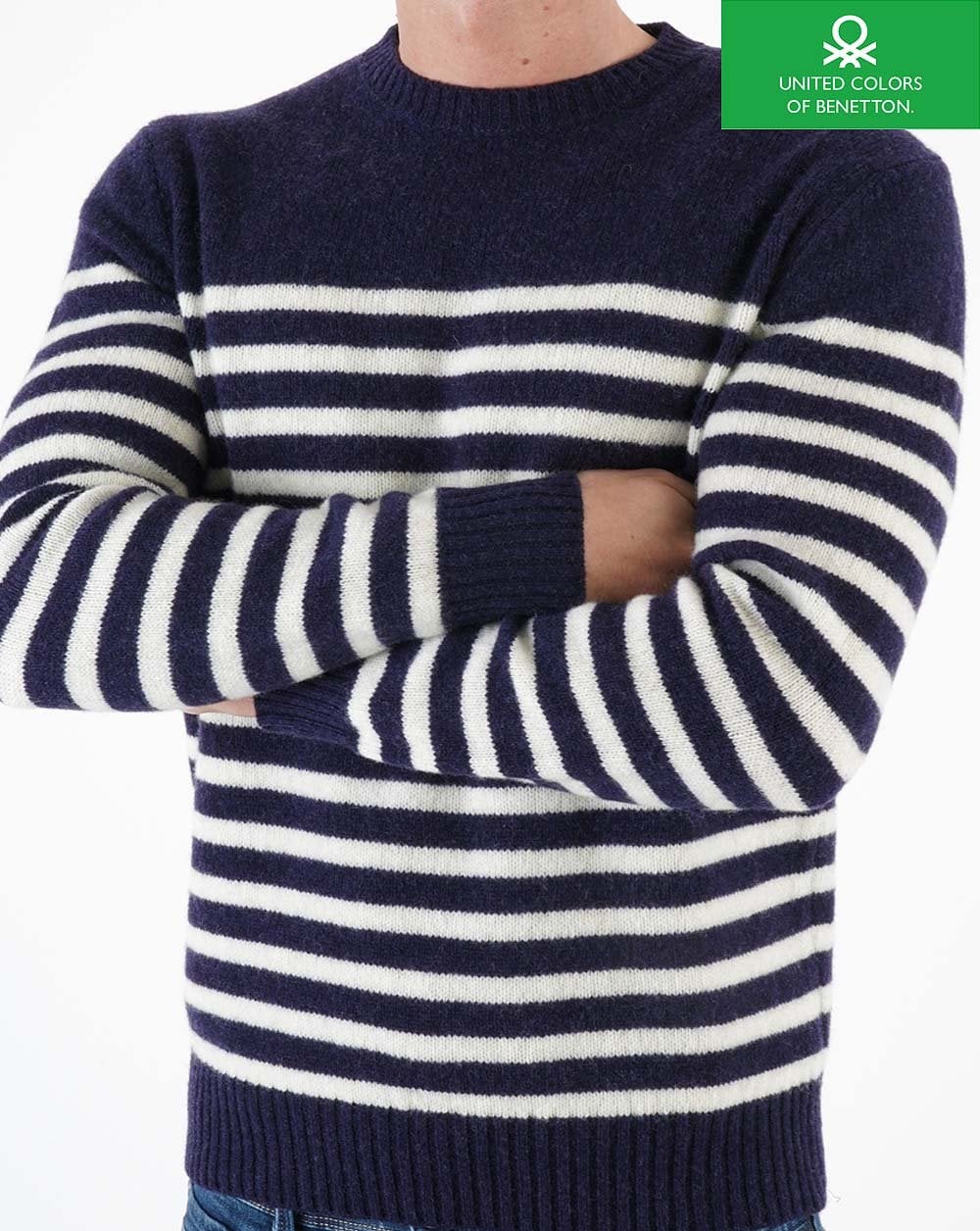 Benetton Gestreifter Wollpullover Marineblau/Ecru
