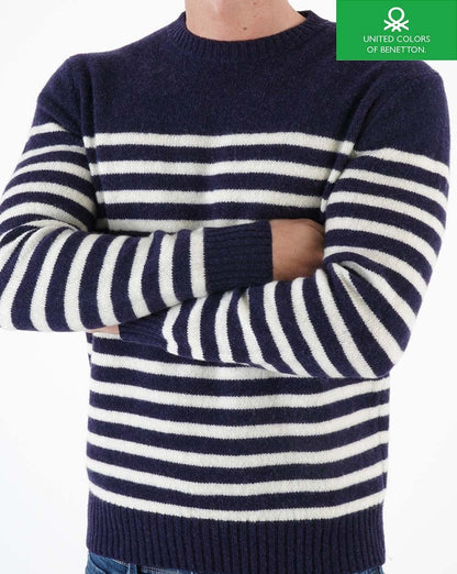 Benetton Gestreifter Wollpullover Marineblau/Ecru