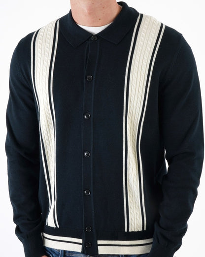 Ben Sherman – Langärmliges Poloshirt mit Zopfmuster in Schwarz