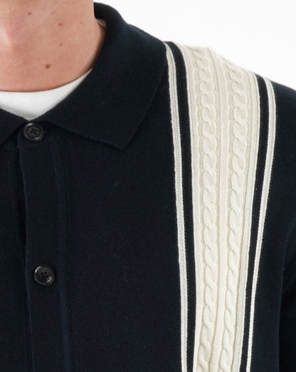 Ben Sherman – Langärmliges Poloshirt mit Zopfmuster in Schwarz