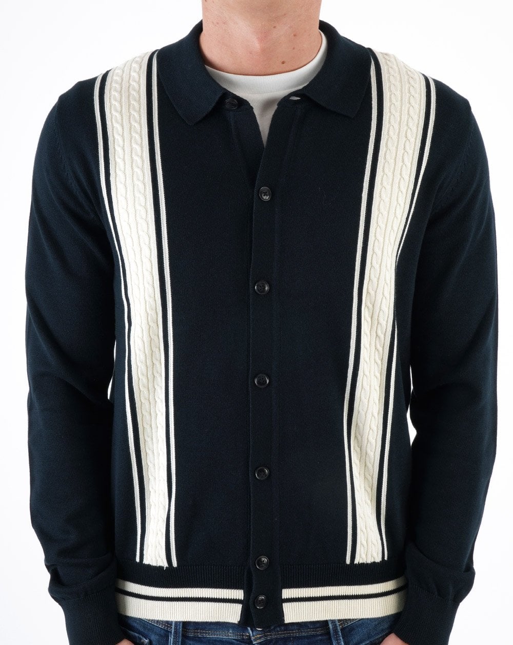 Ben Sherman – Langärmliges Poloshirt mit Zopfmuster in Schwarz
